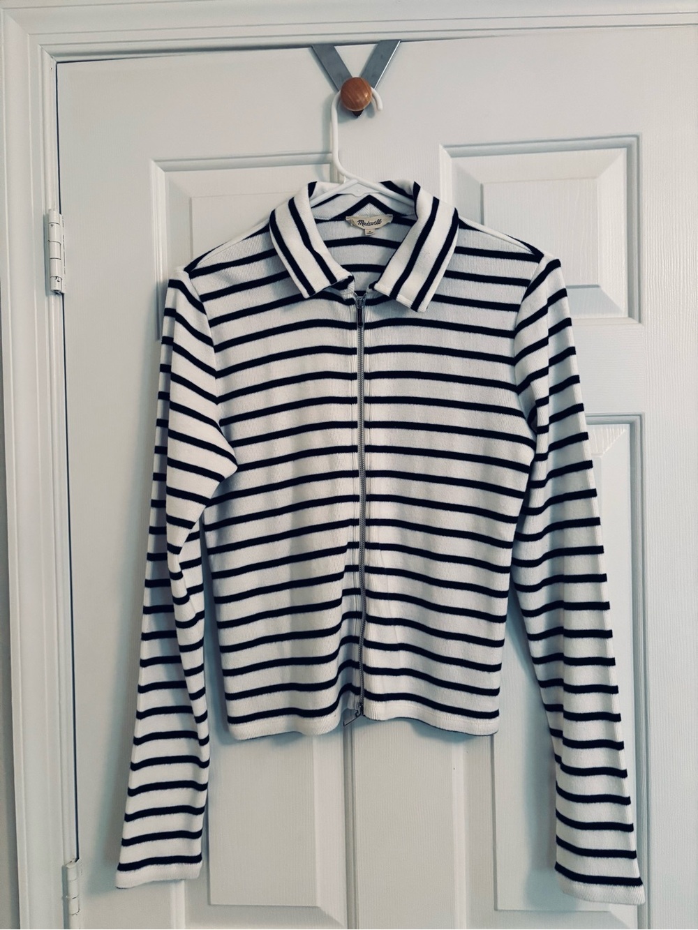 Madewell Zip-Front Cardigan in Stripe White & Navy Blue Size Medium